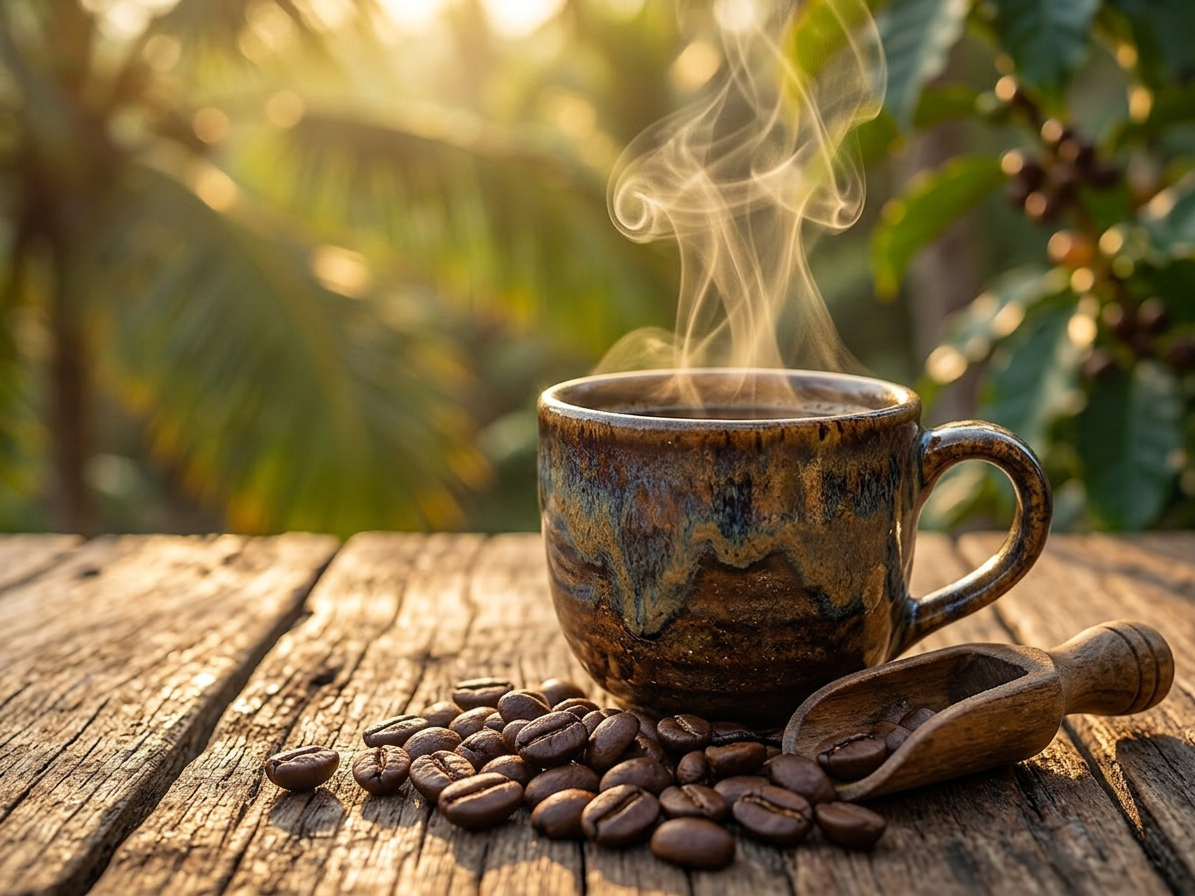 Rustic coffee cup with beans outdoors Steaming ceramic coffee cup with coffee beans and wooden scoop on rustic table