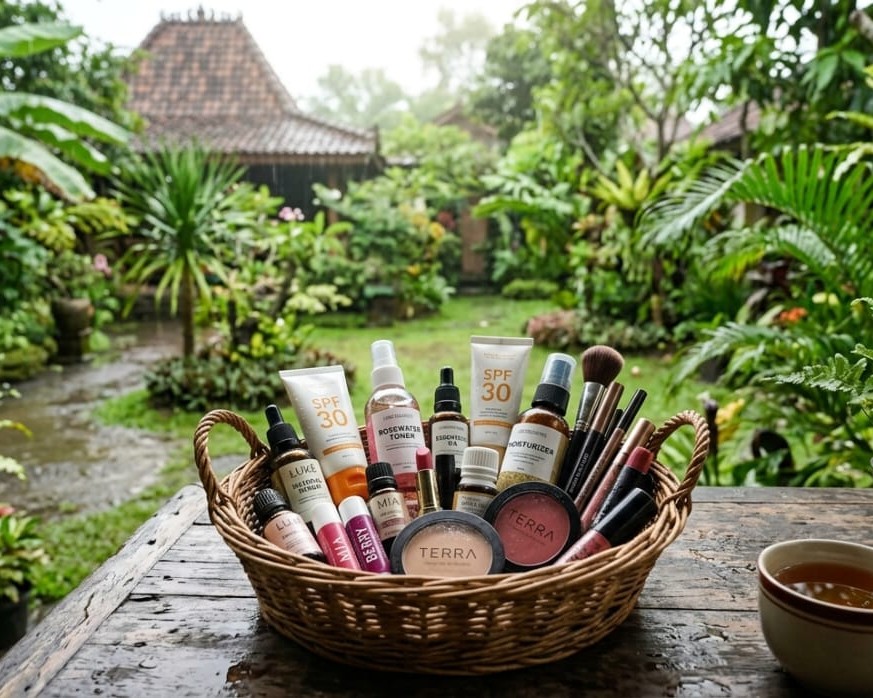 Natural skincare and makeup display shelf