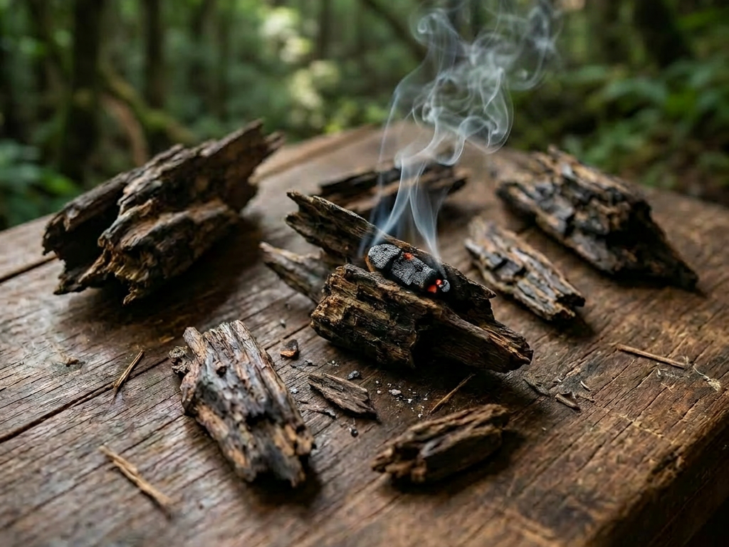 Dark agarwood pieces on mossy fallen log amid dense green forest foliage